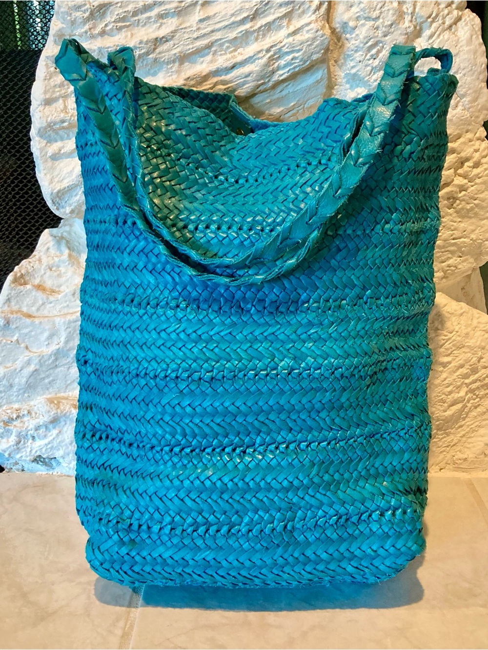 NWT Handcrafted in India turquoise woven leather tote